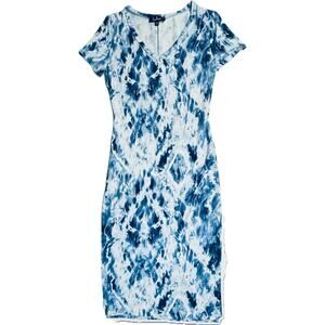 Lulus Fitted V-Neck Short Sleeve Tie Dye Midi Boho T-Dress Blue White Women M